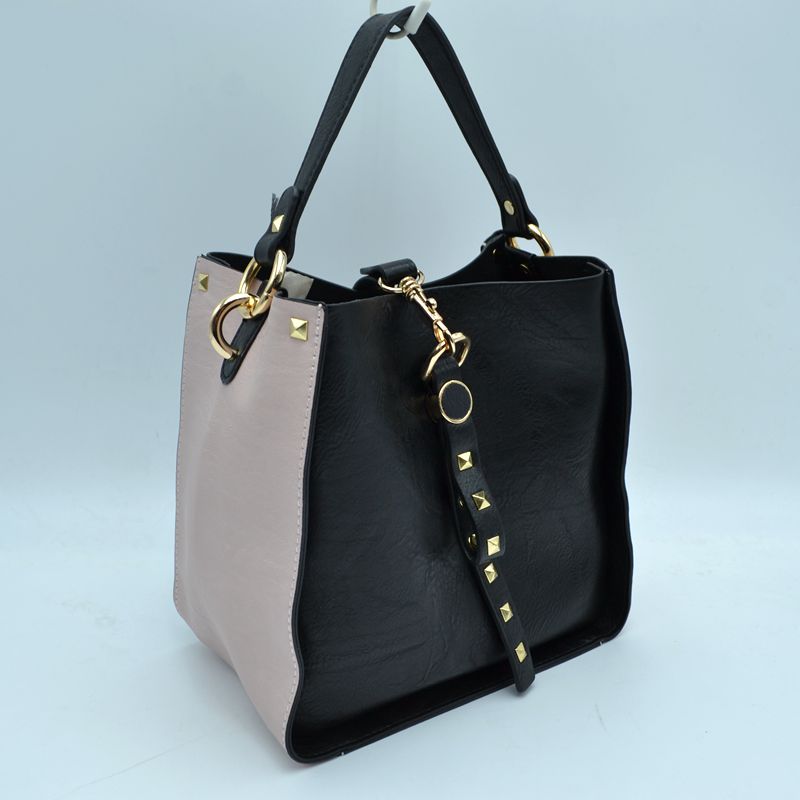 Studded Two-Tone Bucket Bag with Top Handle and Decorative Strap - Black - Bucket Bag