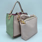 Studded Two-Tone Bucket Bag with Top Handle and Decorative Strap - Bucket Bag