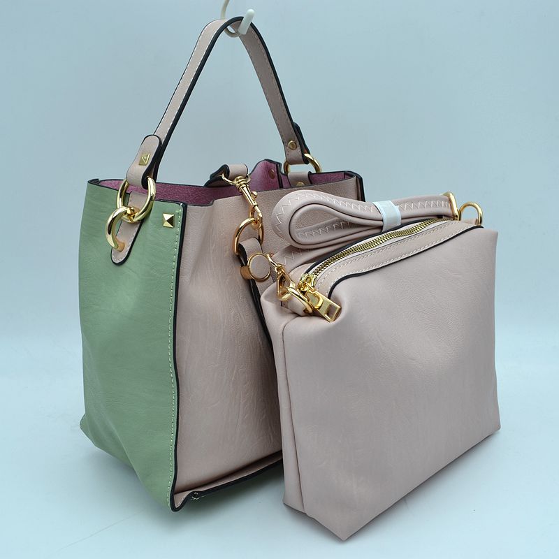 Studded Two-Tone Bucket Bag with Top Handle and Decorative Strap - Bucket Bag