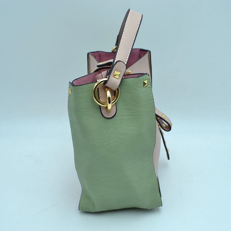 Studded Two-Tone Bucket Bag with Top Handle and Decorative Strap - Bucket Bag