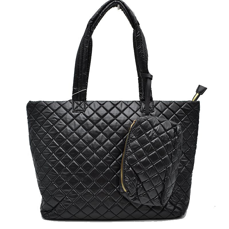 2-in-1 Large Quilted Zipper Tote with Pouch - Tote Bag