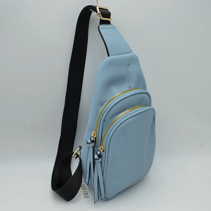 Ribbed Sling Bag with Tiered Zippers and Tassel Pulls - Blue - Sling Bag