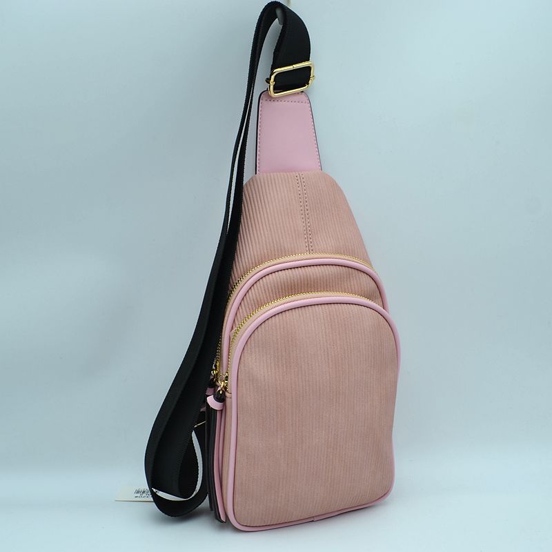 Ribbed Sling Bag with Tiered Zippers and Tassel Pulls - Blush - Sling Bag