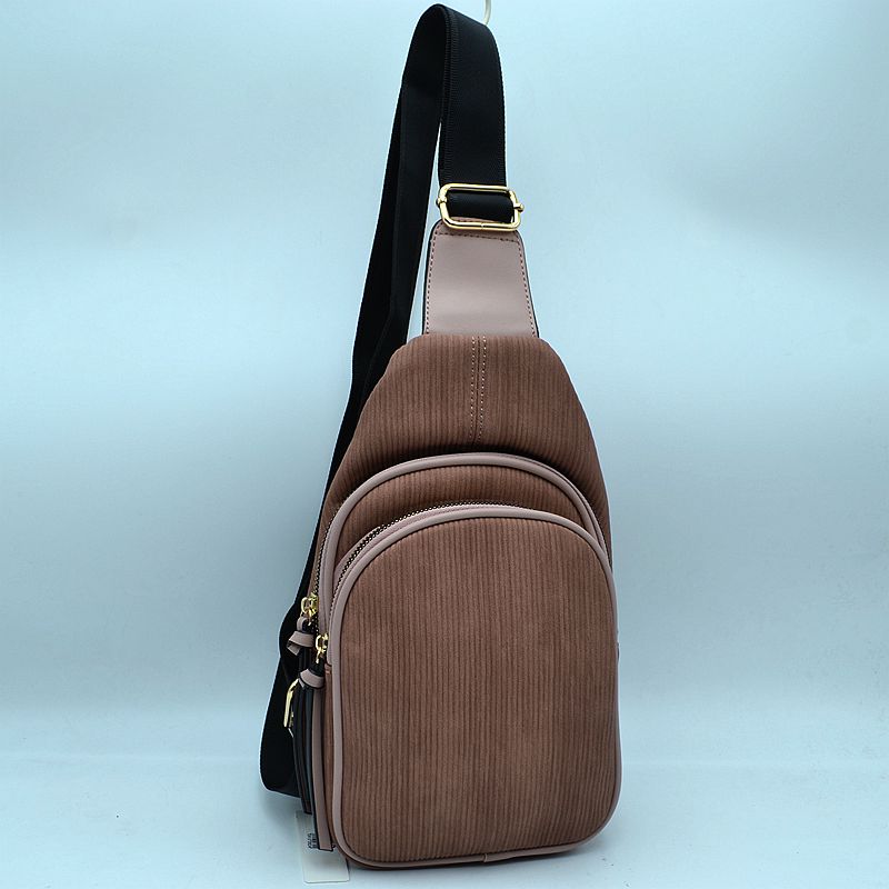 Ribbed Sling Bag with Tiered Zippers and Tassel Pulls - Dark Blush - Sling Bag