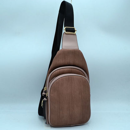 Ribbed Sling Bag with Tiered Zippers and Tassel Pulls - Dark Blush - Sling Bag