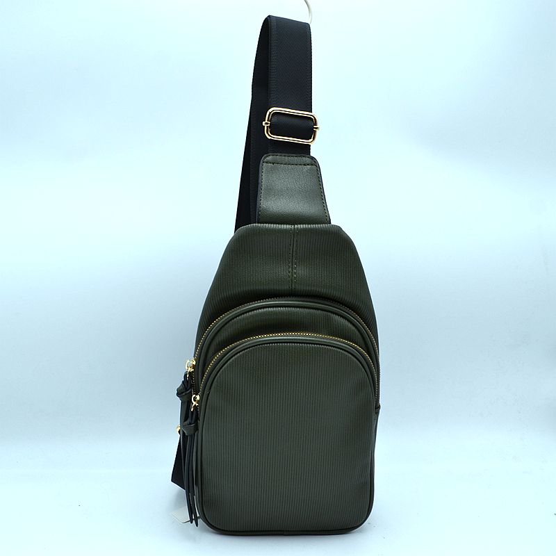 Ribbed Sling Bag with Tiered Zippers and Tassel Pulls - Dark Green - Sling Bag