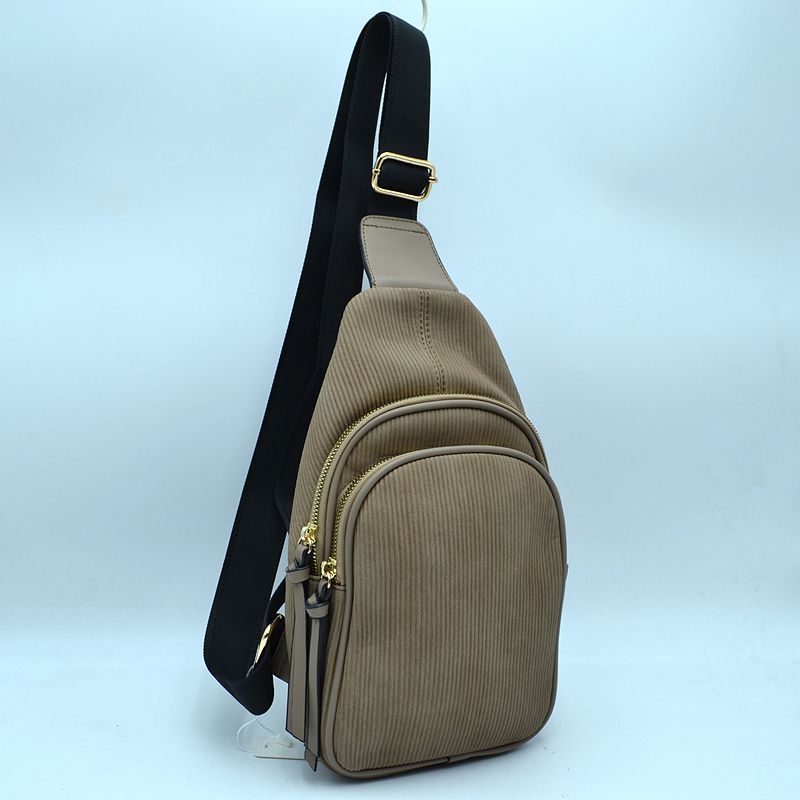 Ribbed Sling Bag with Tiered Zippers and Tassel Pulls - Khaki - Sling Bag