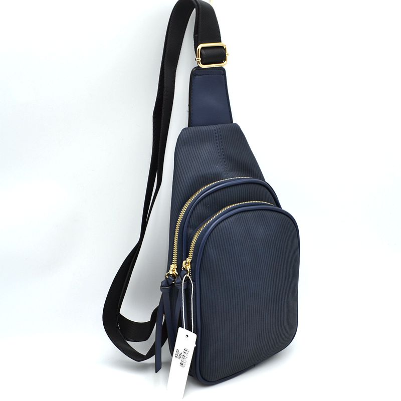Ribbed Sling Bag with Tiered Zippers and Tassel Pulls - Navy Blue - Sling Bag