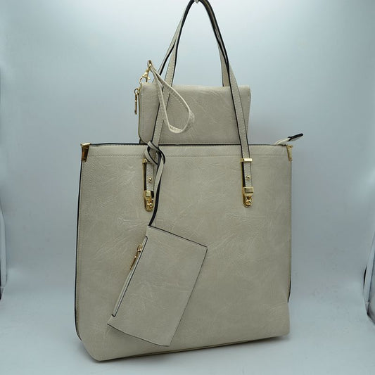 Soft Faux Leather Tote Handbag With Wallet - Beige - Tote Bag