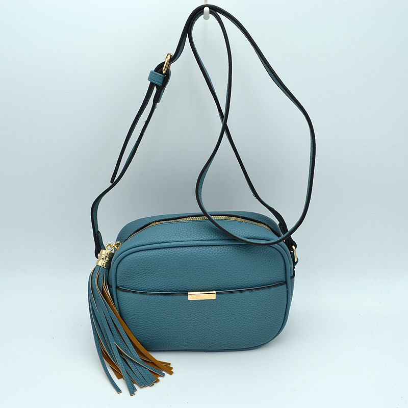 Pebbled Camera Crossbody Bag with Large Statement Tassel Accent - Blue - Crossbody Bags