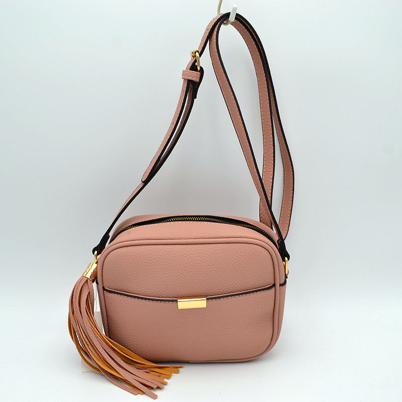 Pebbled Camera Crossbody Bag with Large Statement Tassel Accent - Blush - Crossbody Bags