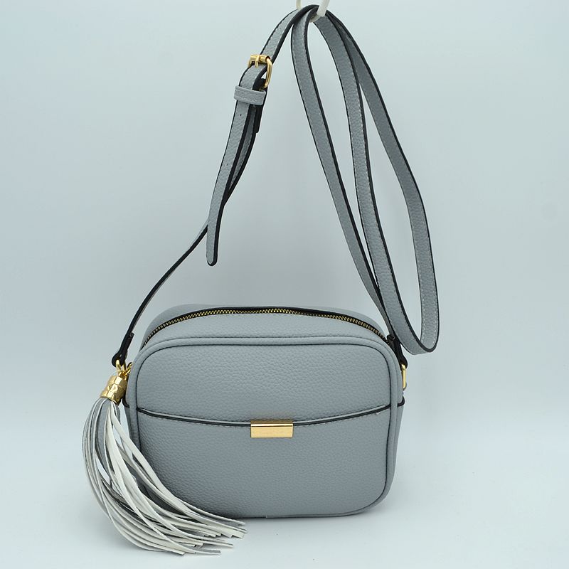 Pebbled Camera Crossbody Bag with Large Statement Tassel Accent - Earth Gray - Crossbody Bags