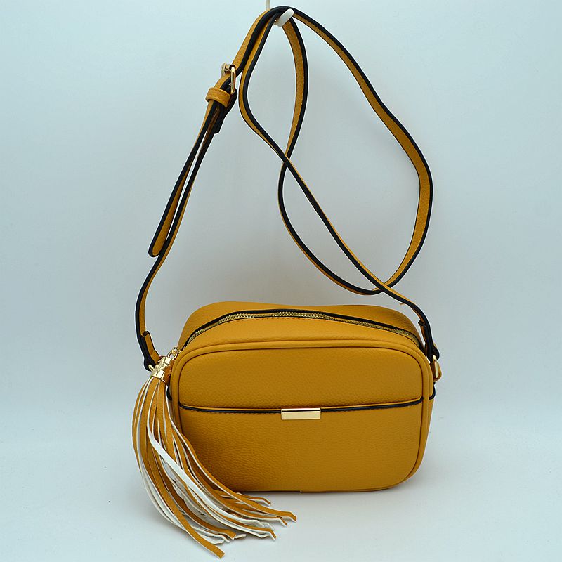 Pebbled Camera Crossbody Bag with Large Statement Tassel Accent - Mustard - Crossbody Bags