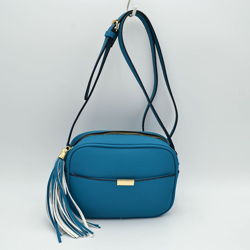 Pebbled Camera Crossbody Bag with Large Statement Tassel Accent - Turquoise - Crossbody Bags
