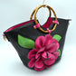 Floral Applique Tote Bag with Segmented Round Top Handles - Black - Tote Bag