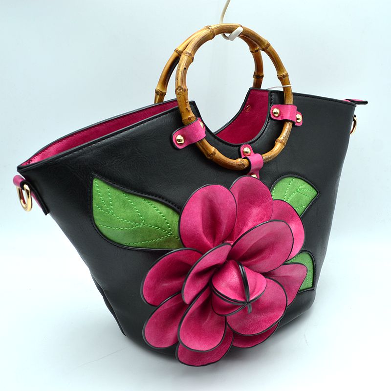 Floral Applique Tote Bag with Segmented Round Top Handles - Black - Tote Bag