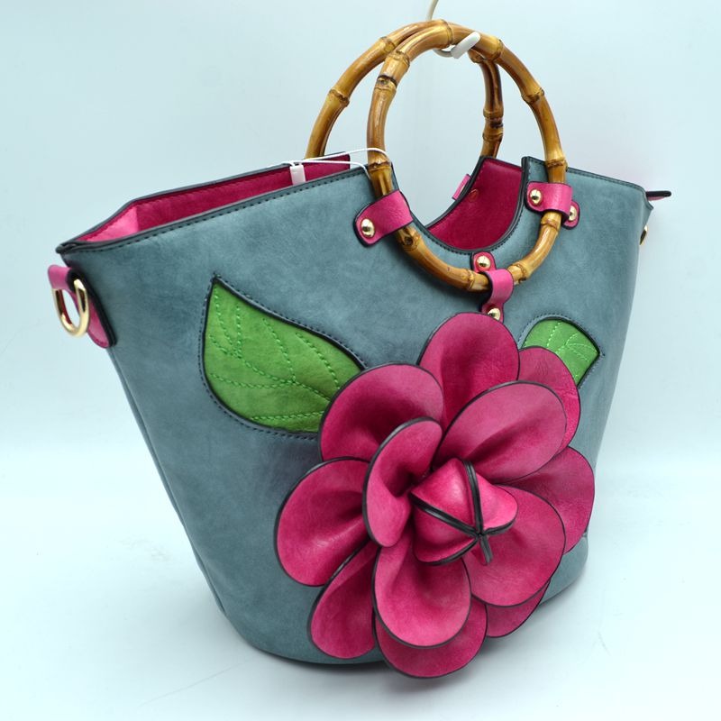 Floral Applique Tote Bag with Segmented Round Top Handles - Tote Bag