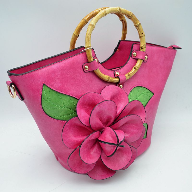 Floral Applique Tote Bag with Segmented Round Top Handles - Fuchsia - Tote Bag