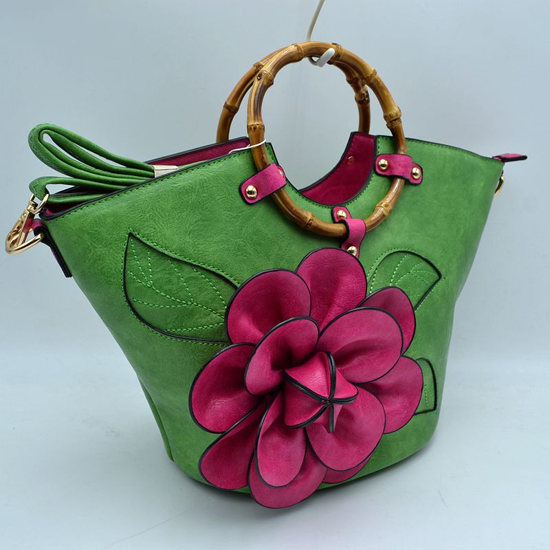 Floral Applique Tote Bag with Segmented Round Top Handles - Tote Bag