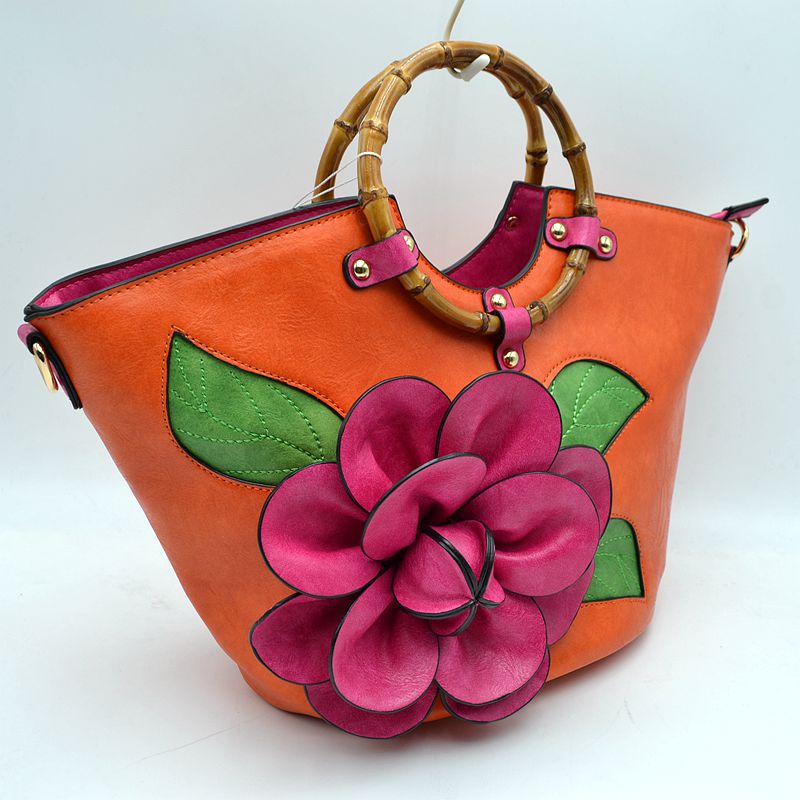 Floral Applique Tote Bag with Segmented Round Top Handles - Tote Bag