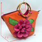 Floral Applique Tote Bag with Segmented Round Top Handles - Tote Bag