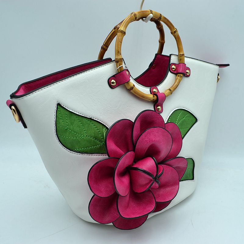 Floral Applique Tote Bag with Segmented Round Top Handles - Tote Bag
