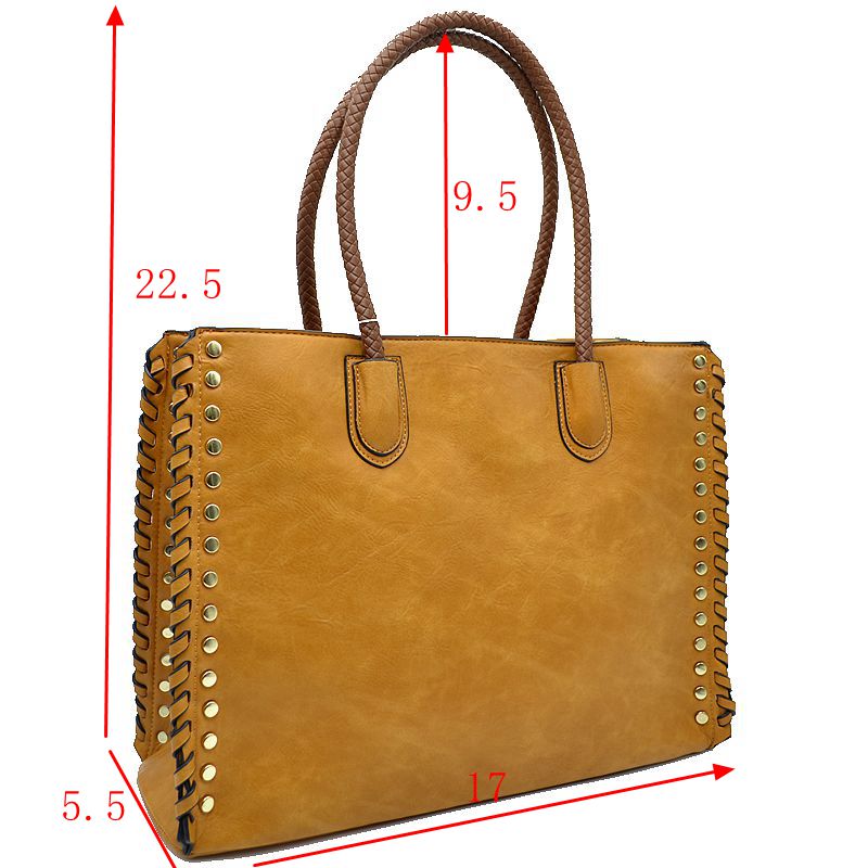 Women’s Studded Faux Leather Whipstitch Shoulder Bag Tote - Beige - Tote Bag
