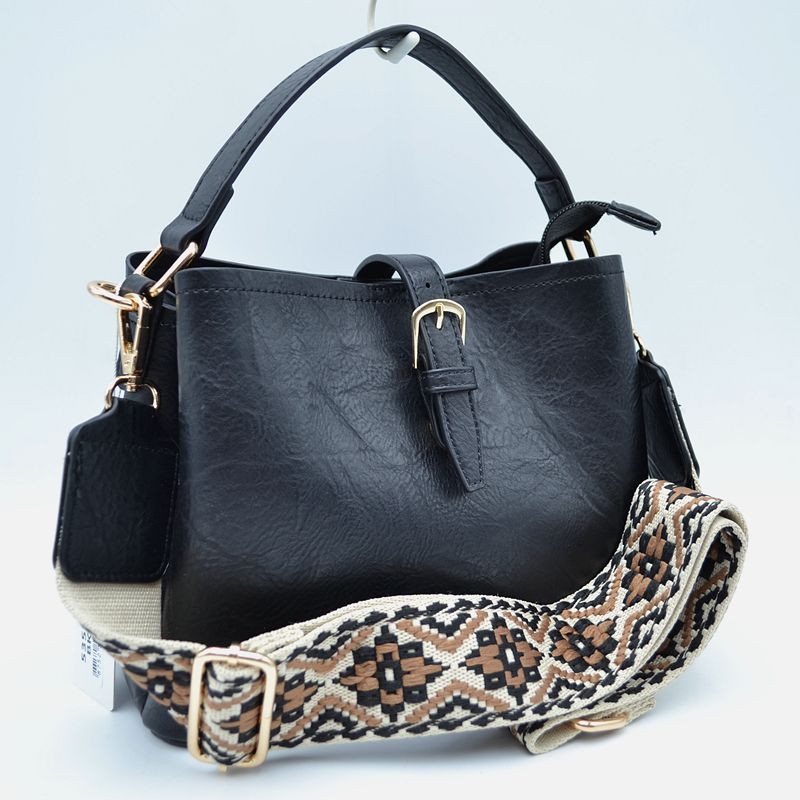 Buckle Strap Bucket Bag with Patterned Crossbody Strap - Black - Bucket Bag