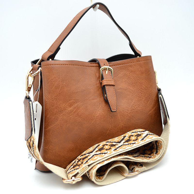 Buckle Strap Bucket Bag with Patterned Crossbody Strap - Brown - Bucket Bag