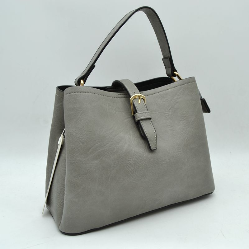 Buckle Strap Bucket Bag with Patterned Crossbody Strap - Gray - Bucket Bag