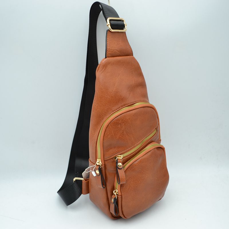 Multi-Zipper Crossbody Sling Bag with Adjustable Strap - Brown - Sling Bag
