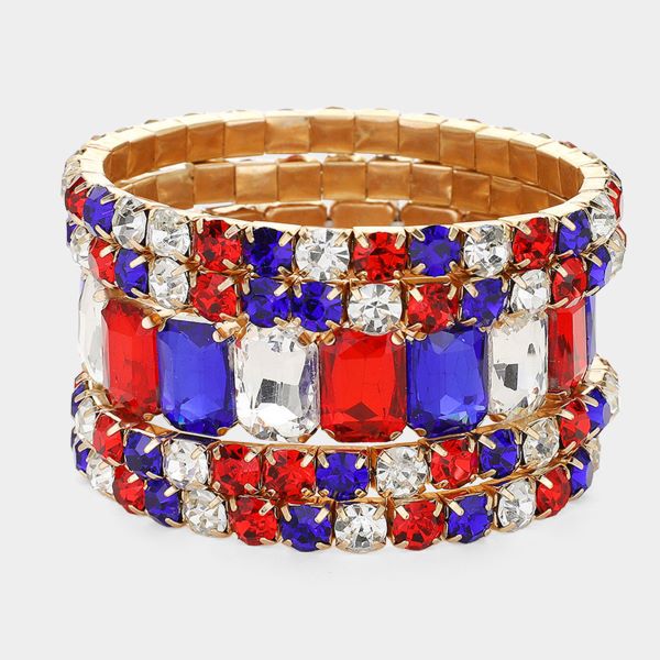Blue Gold Red White Bold stretch bracelet featuring sparkling crystals in a patriotic design. Perfect for celebrating national holidays, sports events, and festive occasions with standout style.