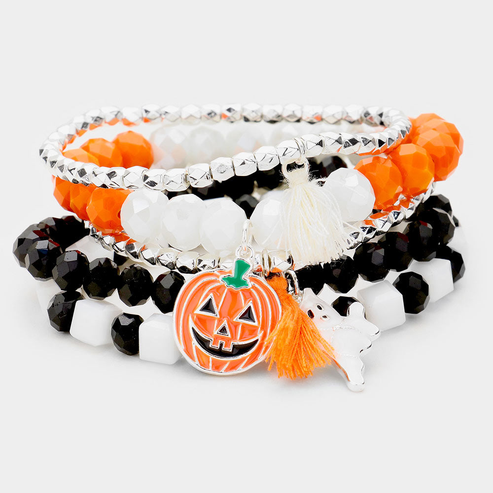 Black, Orange, Silver 5PCS - Pumpkin Ghost Tassel Charm Stretch Bracelets