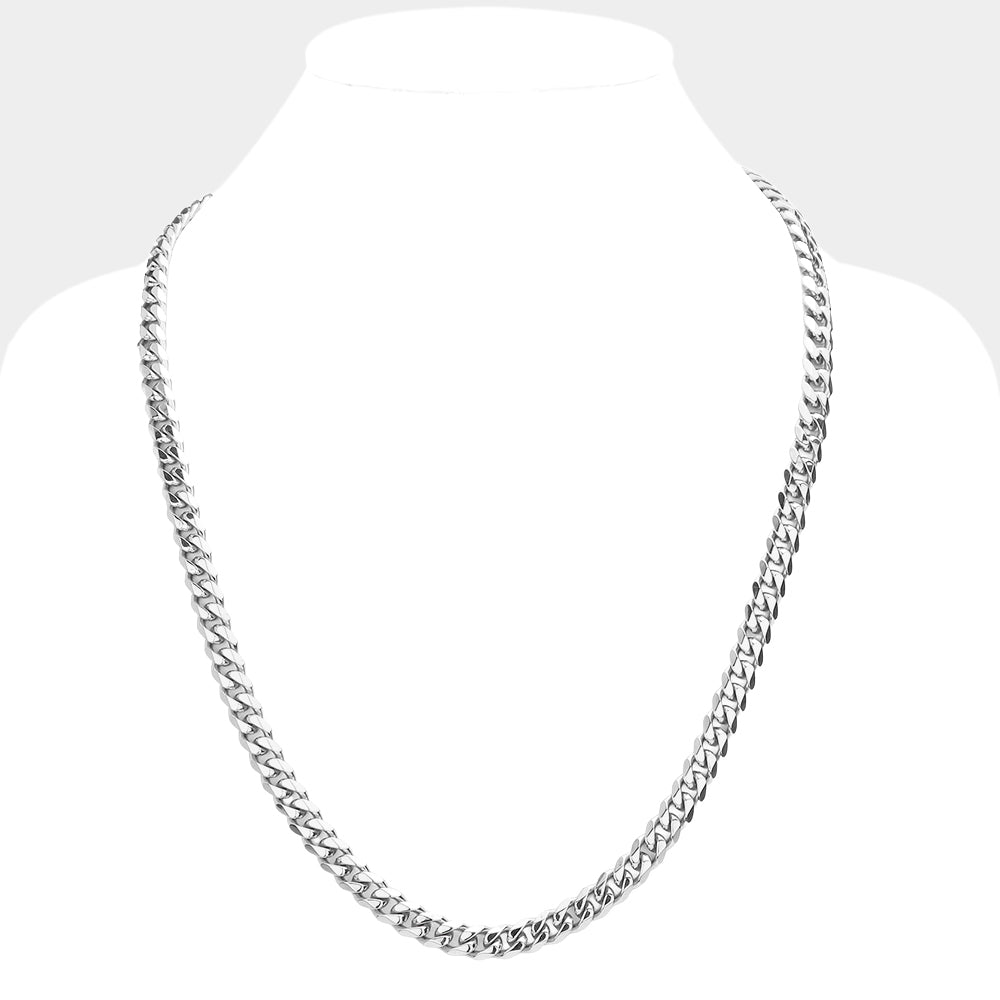 Rhodium 6 Diamond Cut Stainless Steel 24 Inch 8mm Cuban Metal Chain Necklace