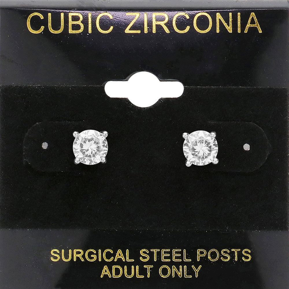 Clear, Silver 6 mm Round CZ stud earrings