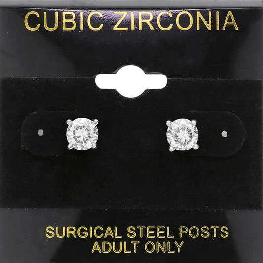 Clear, Silver 6 mm Round CZ stud earrings