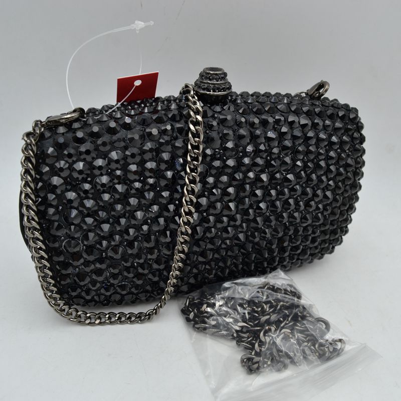 Beaded Evening Clutch Bag with Removable Chain Strap - Black - Clutch Bags