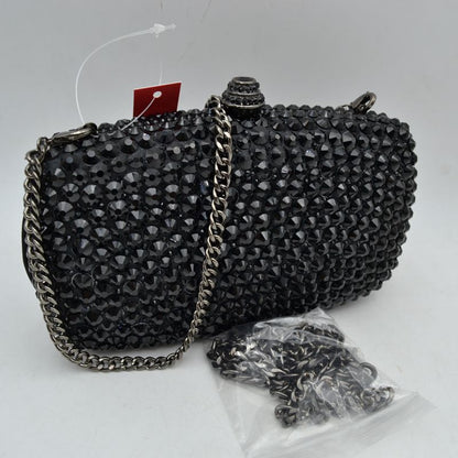 Beaded Evening Clutch Bag with Removable Chain Strap - Black - Clutch Bags