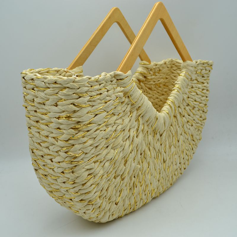 Woven Basket Tote Bag with Metallic Thread and Triangle Handles - Beie - totes