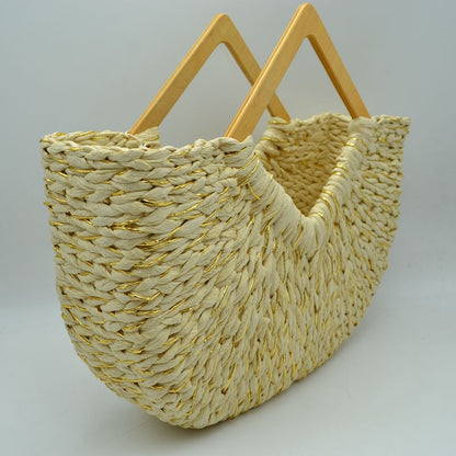 Woven Basket Tote Bag with Metallic Thread and Triangle Handles - Beie - totes