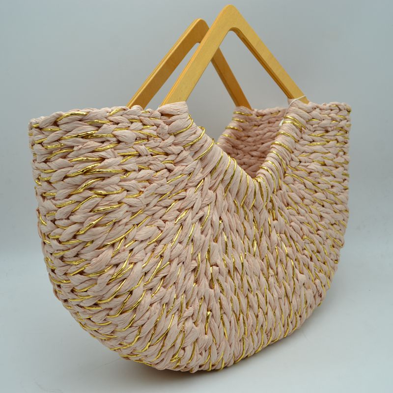 Woven Basket Tote Bag with Metallic Thread and Triangle Handles - Blush - totes