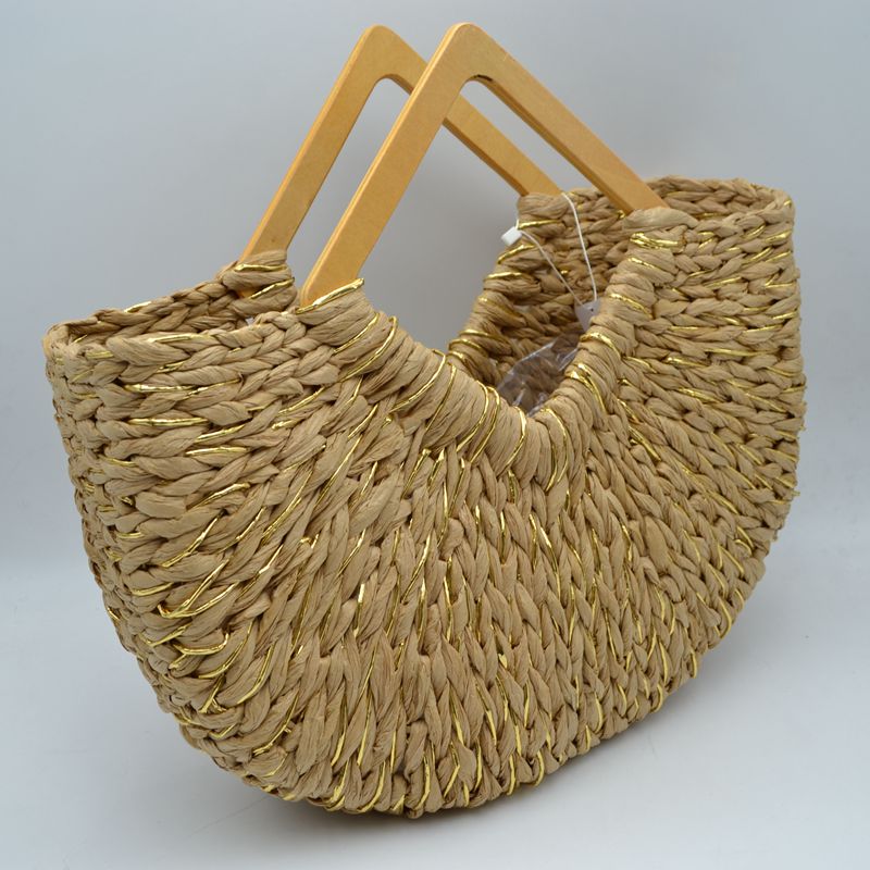 Woven Basket Tote Bag with Metallic Thread and Triangle Handles - Khaki - totes