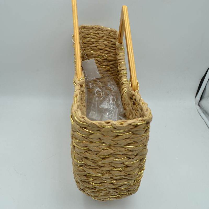 Woven Basket Tote Bag with Metallic Thread and Triangle Handles - totes