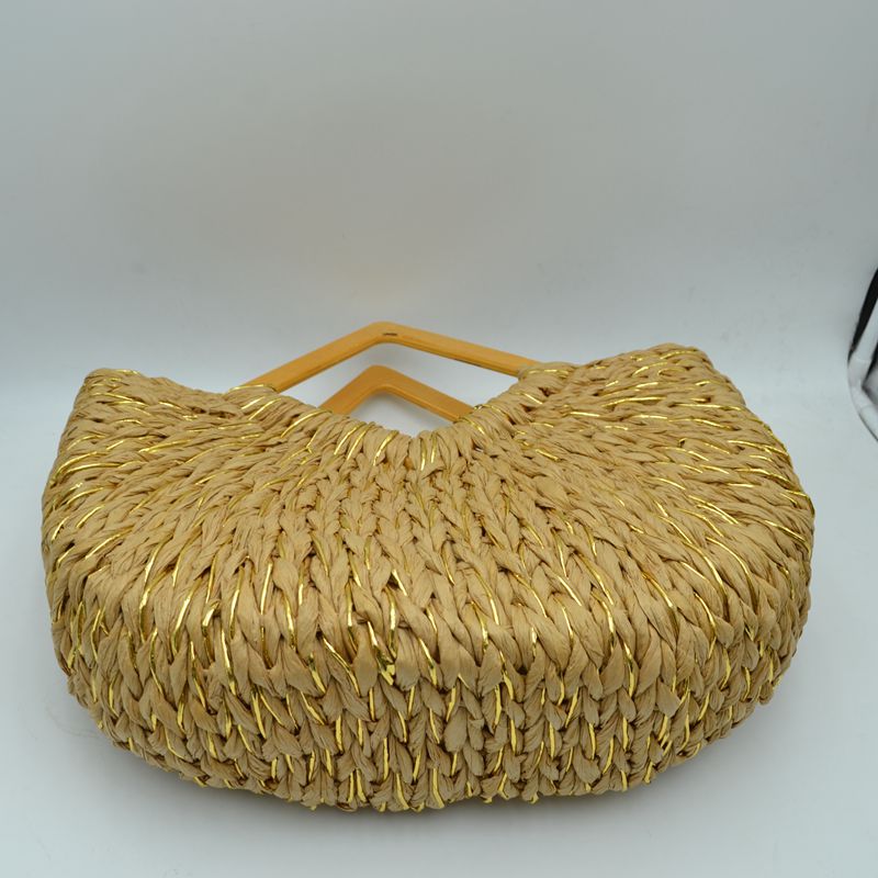 Woven Basket Tote Bag with Metallic Thread and Triangle Handles - totes
