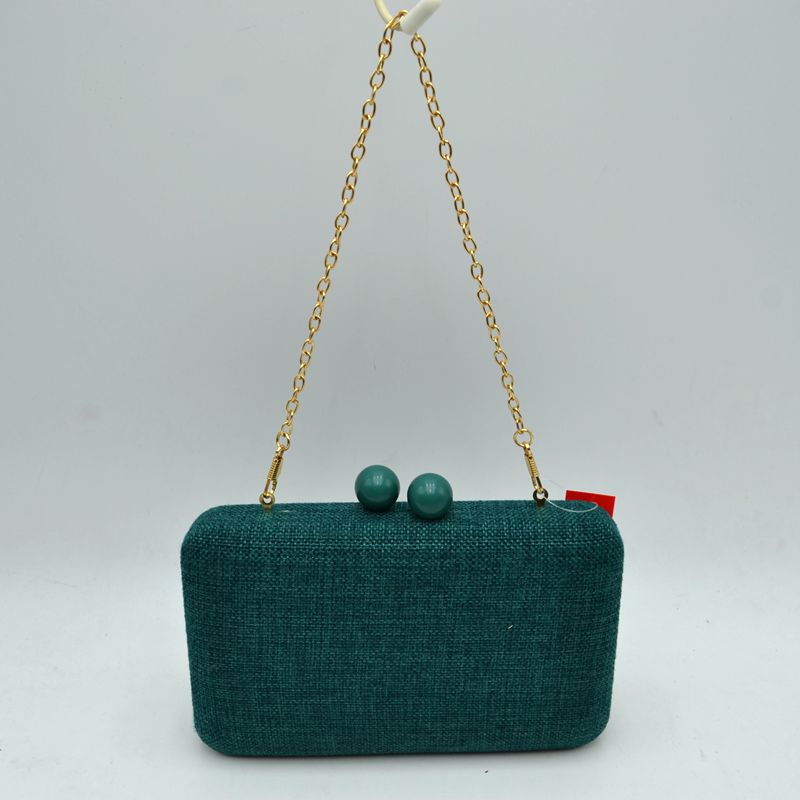 Textured Box Clutch Bag with Double Bead Clasp and Chain Strap - Green - Clutch Bags