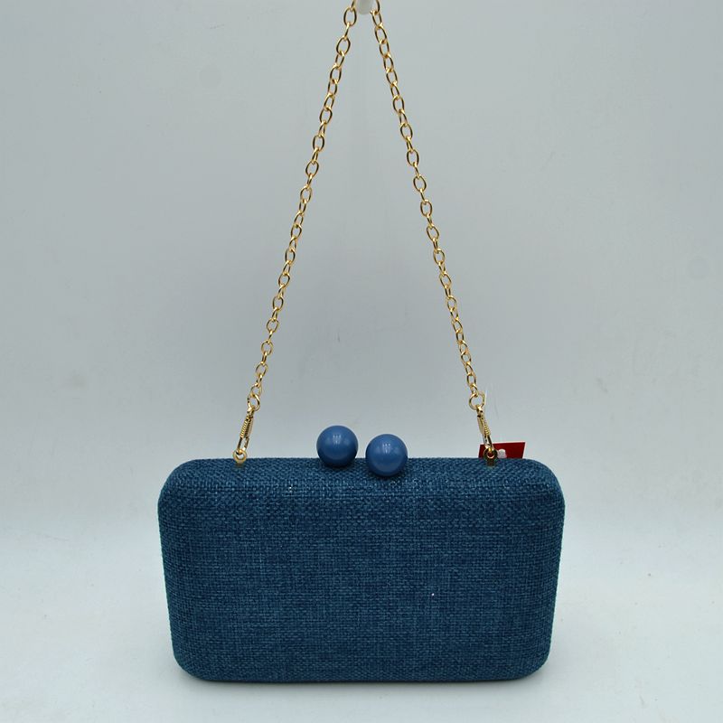 Textured Box Clutch Bag with Double Bead Clasp and Chain Strap - Navy blue - Clutch Bags