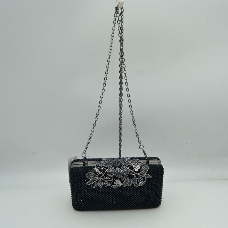 Studded Evening Clutch with Ornate Leaf Clasp Detail - Navy Blue - Clutch Bags