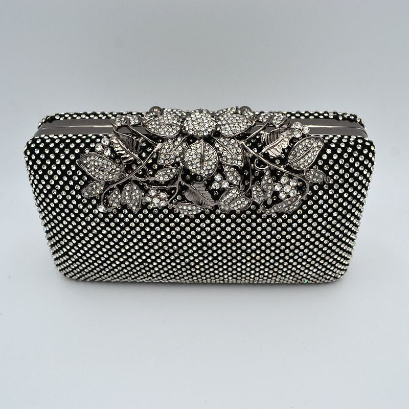 Studded Evening Clutch with Ornate Leaf Clasp Detail - Clutch Bags