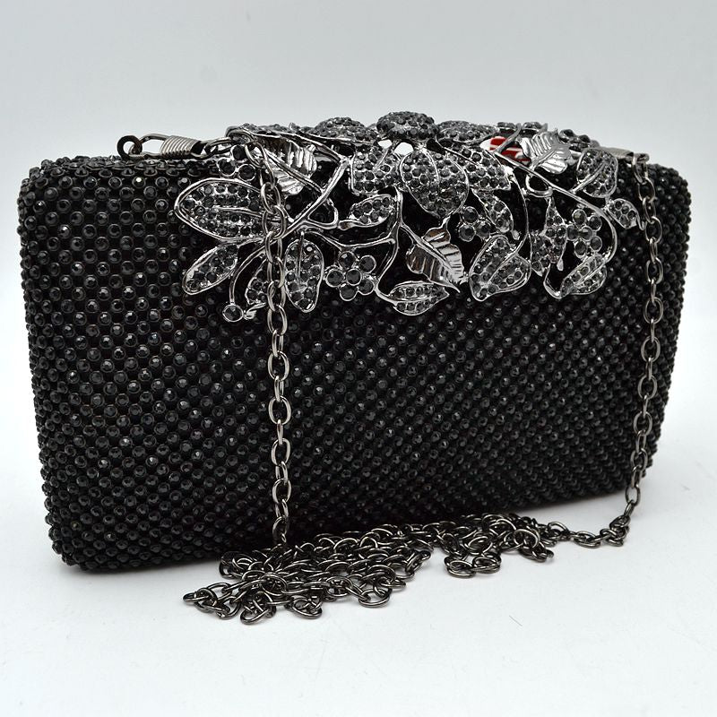 Studded Evening Clutch with Ornate Leaf Clasp Detail - Black - Clutch Bags
