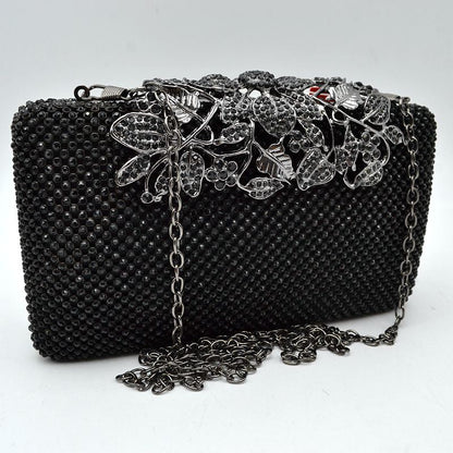 Studded Evening Clutch with Ornate Leaf Clasp Detail - Black - Clutch Bags